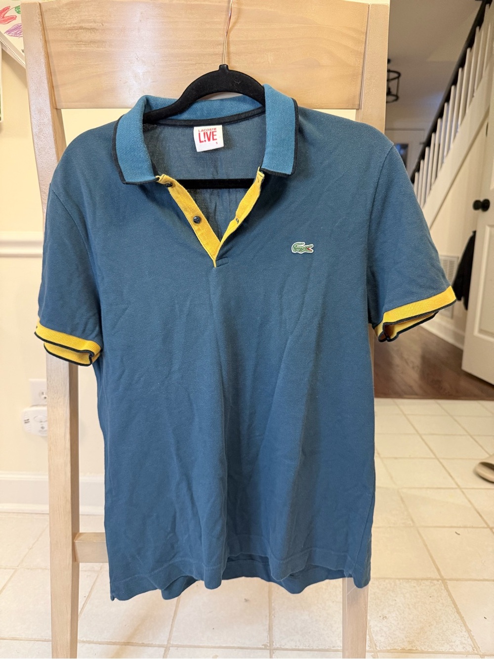 Lacoste Men's Teal Polo with Yellow Trim and Black Accents